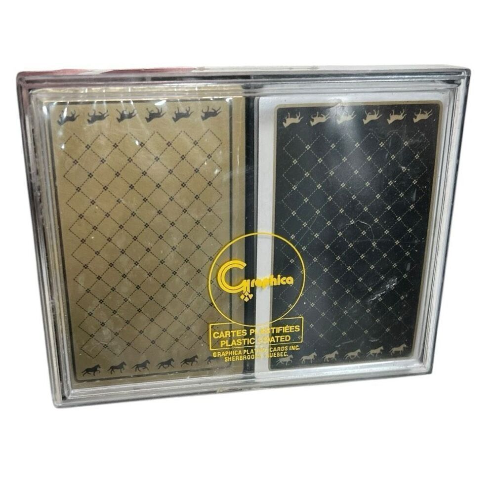 Graphica Plastic Coated Playing Cards 2 Decks 1 Sealed In Box Blck Beige vintage